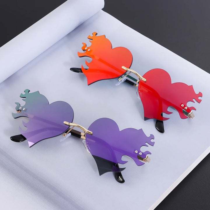 Fashion Rimless Sunglasses Heart Shape Flame Sunglasses Retro UV400 Streetwear Vintage Sun Glasses Cycling Outdoor Accessories
