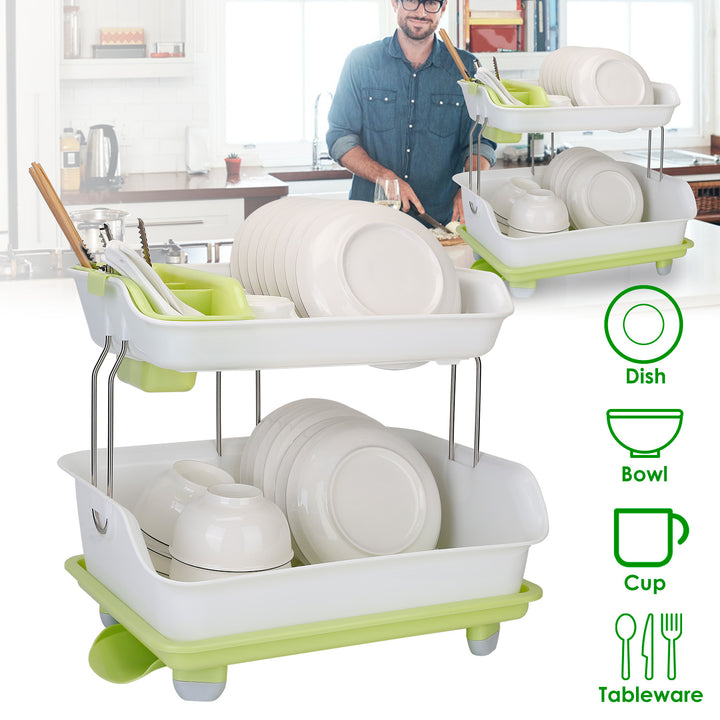 Two-Tier Dish Drying Rack, Green and White