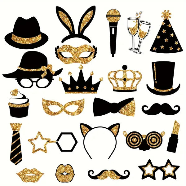 Black and Gold Photo Booth Props (24 Pieces)