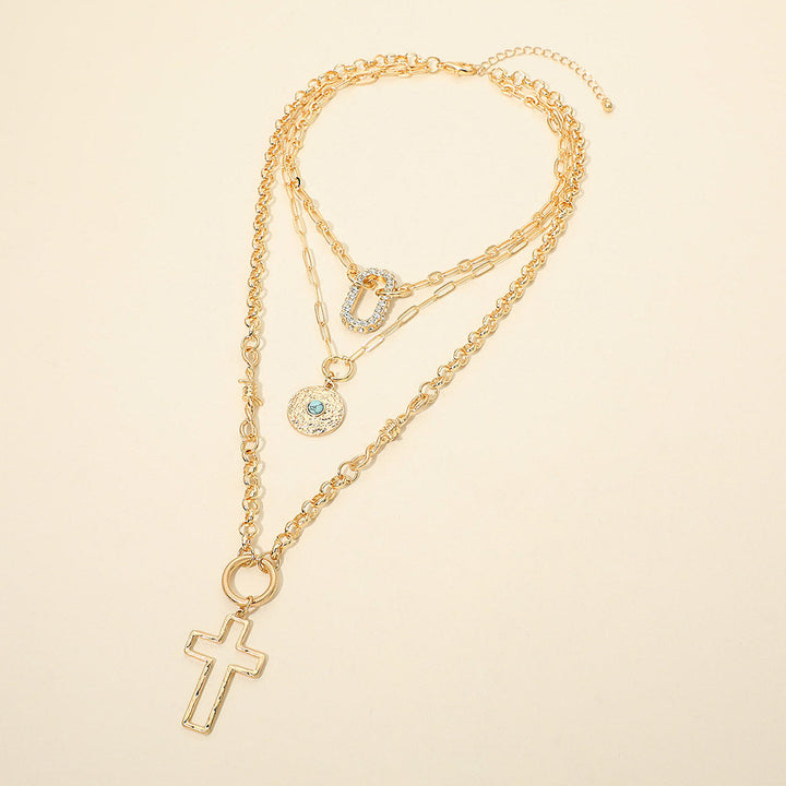 Cross Stone Center Disc Rhinestone Pave Open Oval Pendant Accent Layered Statement Necklace