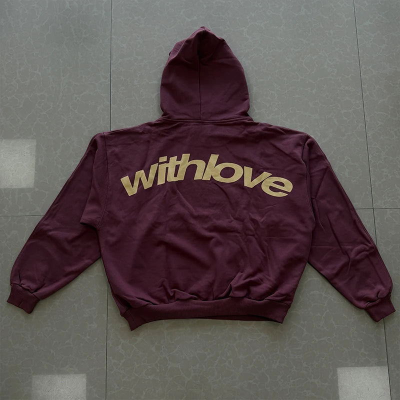Men's With Love Cursive Text Graphic Hoodie Sweatshirt Oversized Streetwear Pullover Casual Autumn Winter Hooded Top