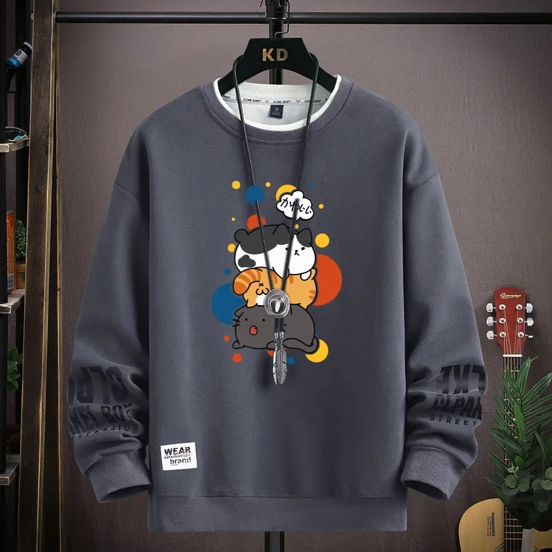Spring men's hoodie, Japanese cartoon cat print long sleeved T-shirt, men's clothing, khaki O-neck Harajuku top, 2026 new item