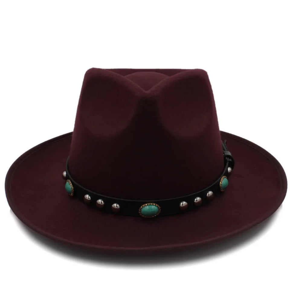 trilby hats for men solid fedora hat Curl Turquoise Studded Leather Band wide Brim Autumn Winter Panama classic hat wholesale