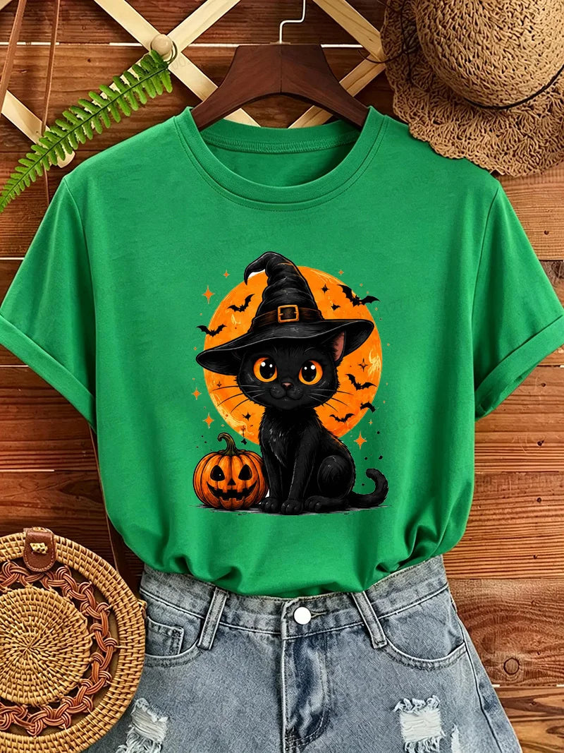 Women's Halloween Cat-Print T-Shirt