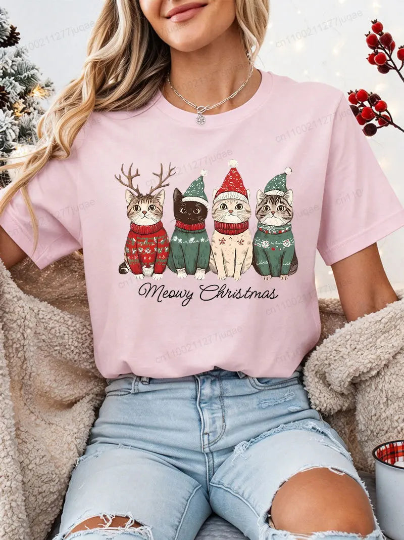 Women's Christmas Cat-Print T-Shirt
