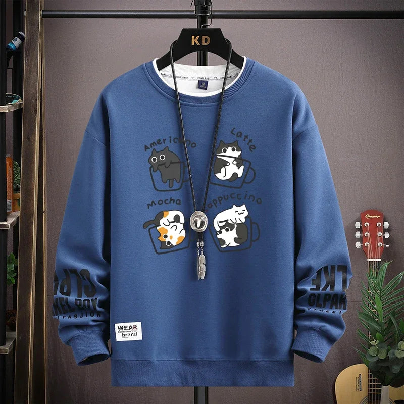 Spring men's hoodie, Japanese cartoon cat print long sleeved T-shirt, men's clothing, khaki O-neck Harajuku top, 2026 new item