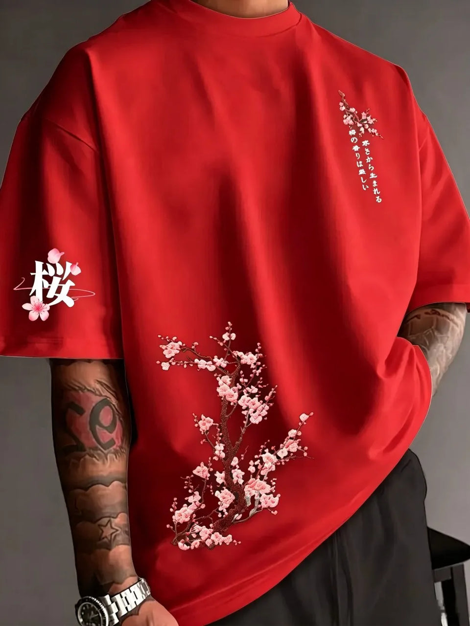 American Men's Summer Trend Cherry Blossom Letter Print Comfortable and Breathable Round Neck Tshirt Outdoor Street Top