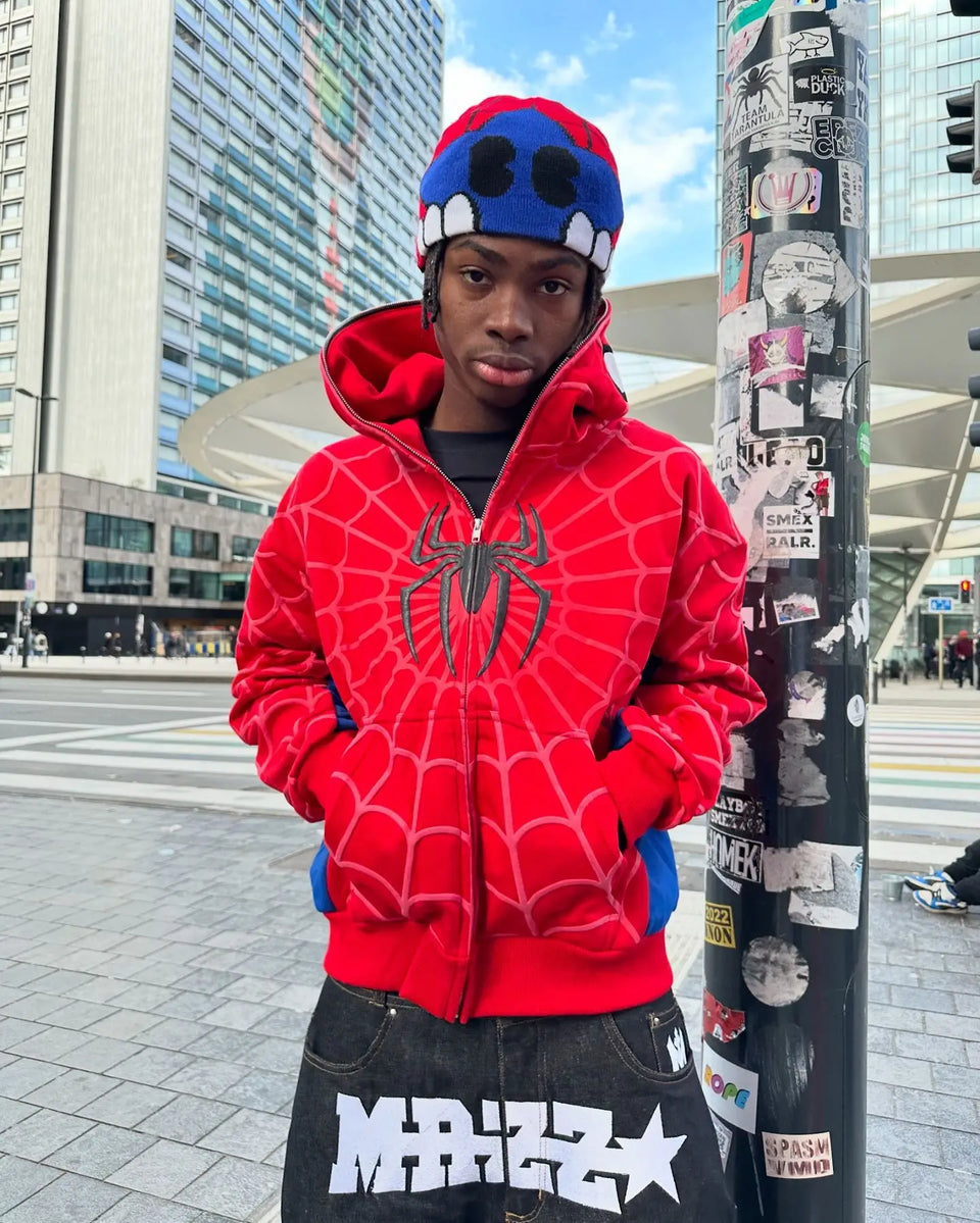American Retro Spider Patchwork Print Hoodies Fashion Oversized Loose Full Zipper Hoodie Men Jacket Gothic Y2k Street Sweatshirt