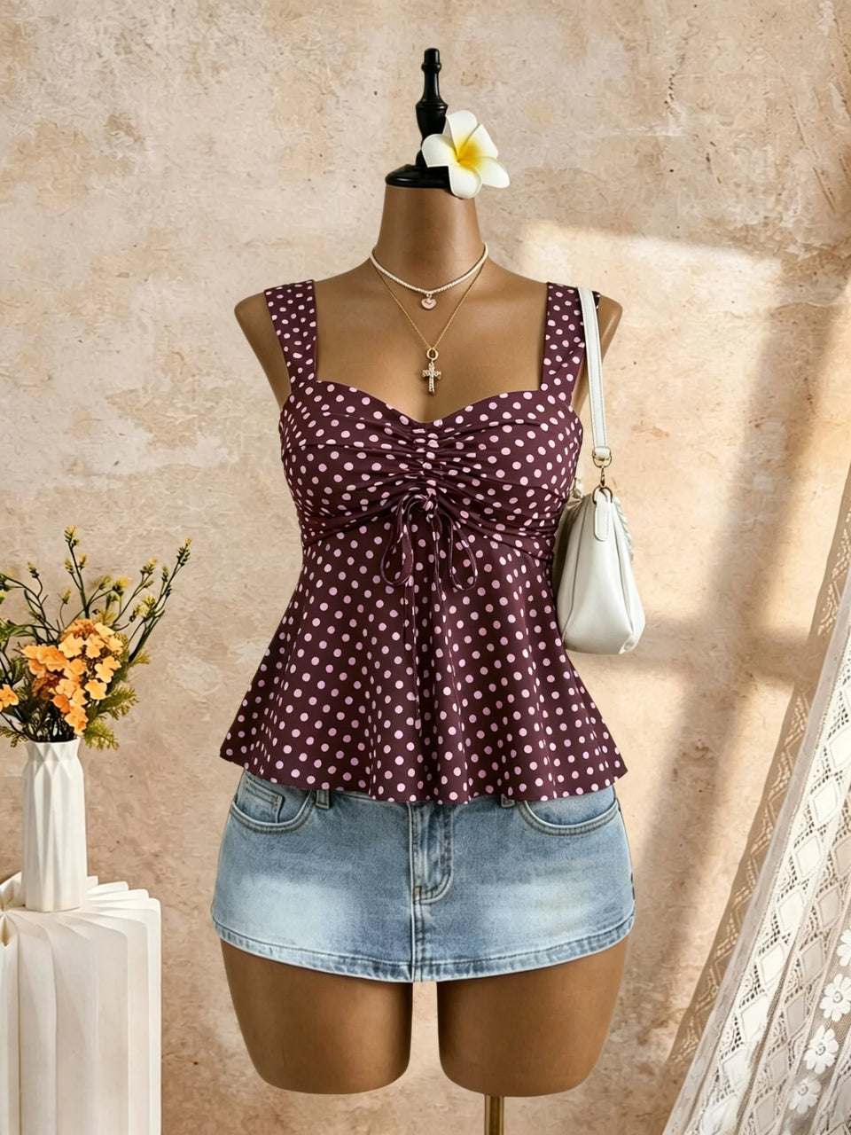 Women's Polka-Dot Peplum Cami Top