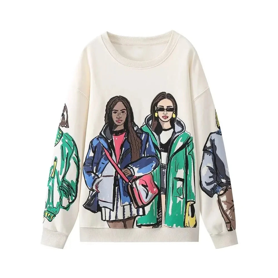 Sivatu TRAF Women Sweatshirts 2026 New Fashion Beauty Girls Print Casual Sweatshirts Female O Neck Hoodies Chic Pullovers Tops