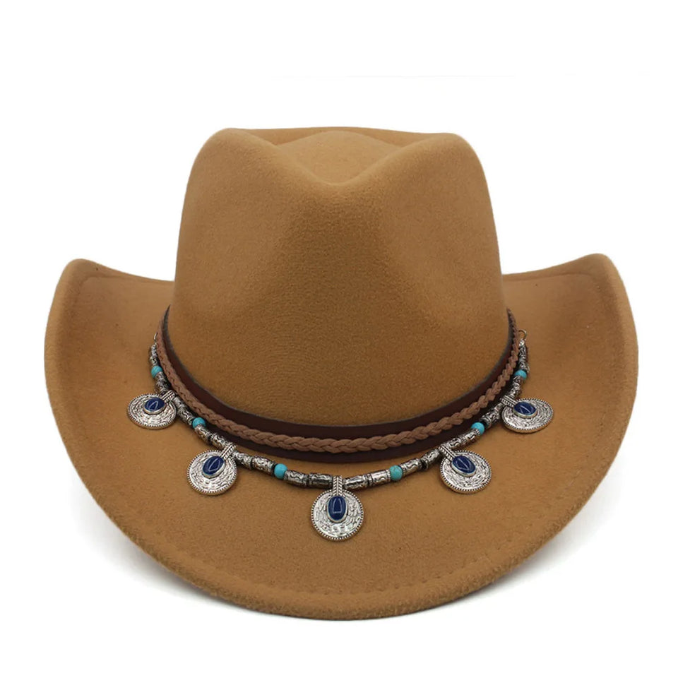 Vintage Black Felt Cowboy Hat Blue Stone Silver Coin Pendant Leather Band Boho Cowgirl Cap Wide Brim Western Rodeo Sombrero