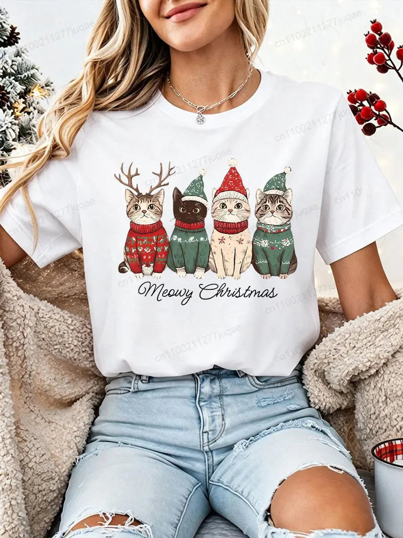 Women's Christmas Cat-Print T-Shirt