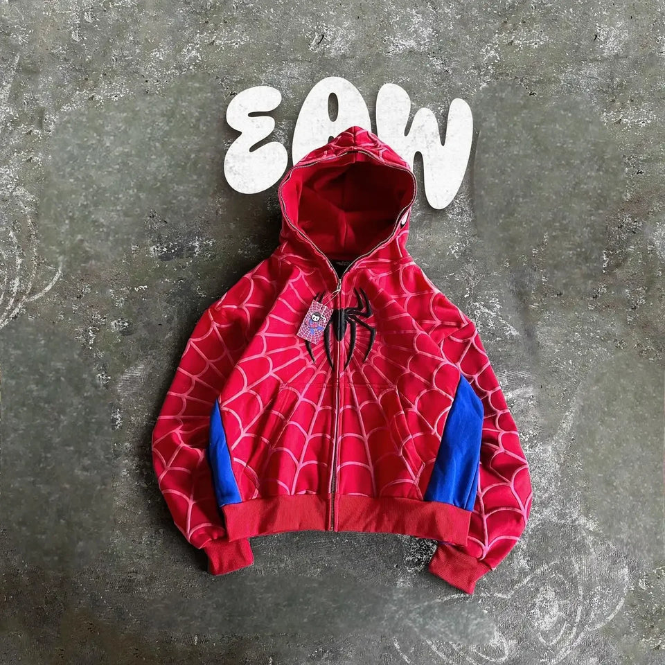 American Retro Spider Patchwork Print Hoodies Fashion Oversized Loose Full Zipper Hoodie Men Jacket Gothic Y2k Street Sweatshirt