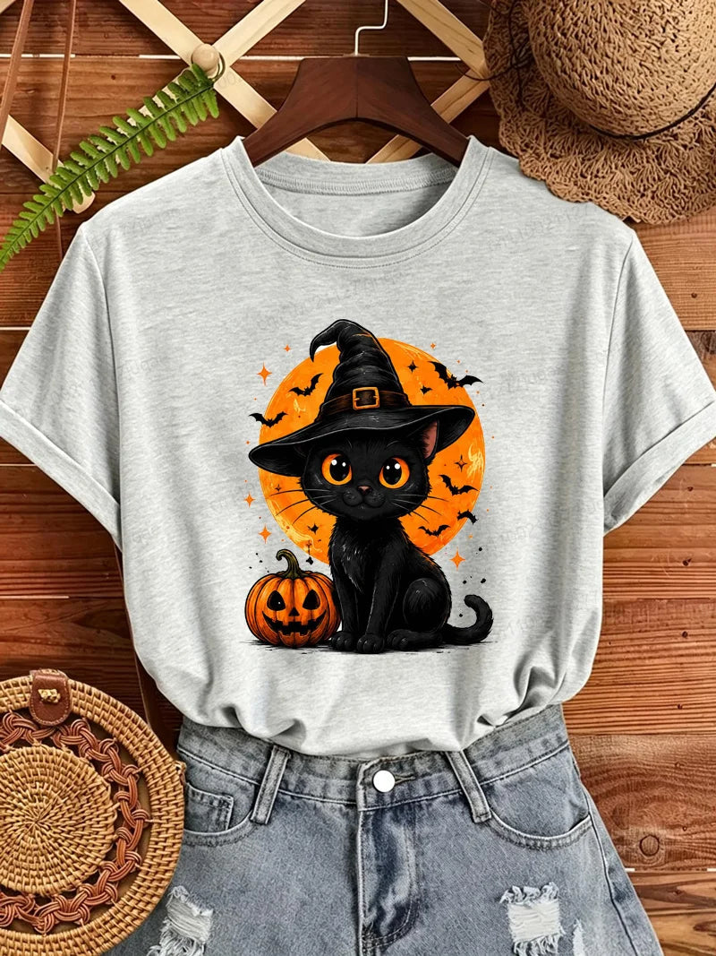 Women's Halloween Cat-Print T-Shirt