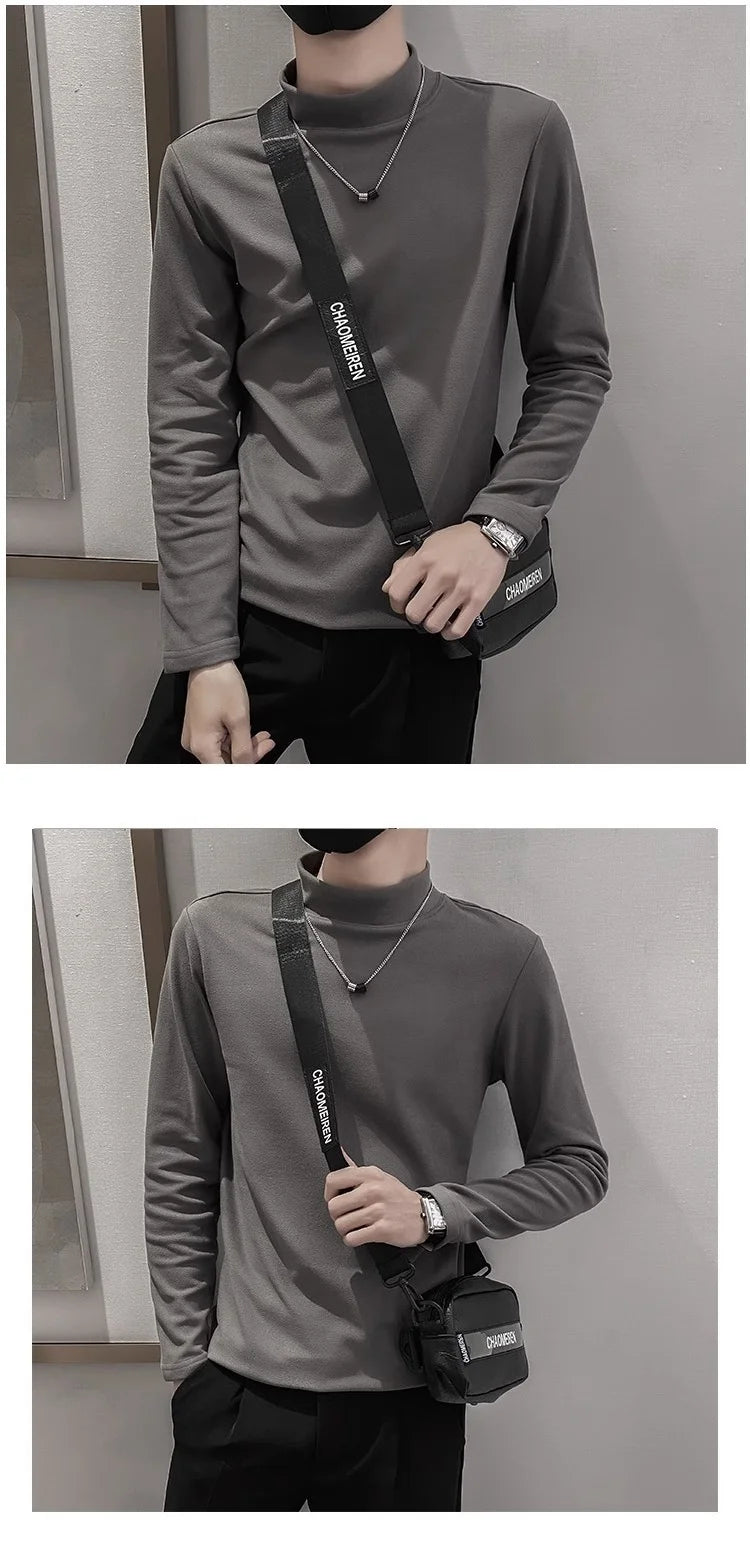 2025 Spring New Men's High Neck T-shirt Long Sleeve Slim Fit Solid Color High Elastic Bottom Pullover Basic Men's Top