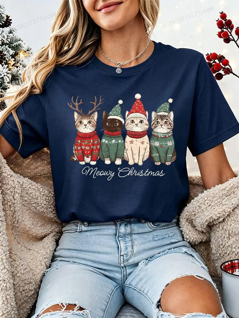 Women's Christmas Cat-Print T-Shirt