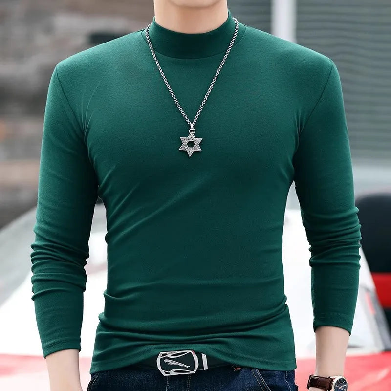 2025 Spring New Men's High Neck T-shirt Long Sleeve Slim Fit Solid Color High Elastic Bottom Pullover Basic Men's Top