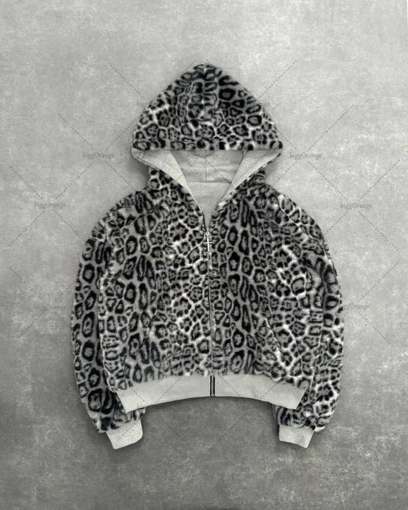 Leopard Print Two Sides Retro Fashion Wearing Loose Zipper Hoodie Men High Street Trend Punk Casual Oversized Sweatshirts Women