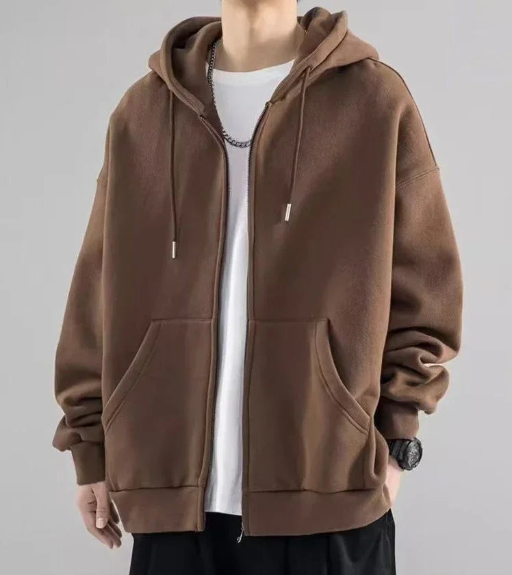 Male Clothes Black Solid Sweatshirt For Men Full Zip Up Hooded Hoodies Winter Young On Sale Offers High Quality Korean Style S