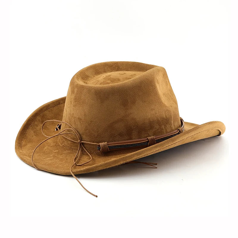 Suede Western Cowboy Hat For Men Women Vintage Rolled Brim Felt Jazz Hats Outdoor Travel Knight Hats