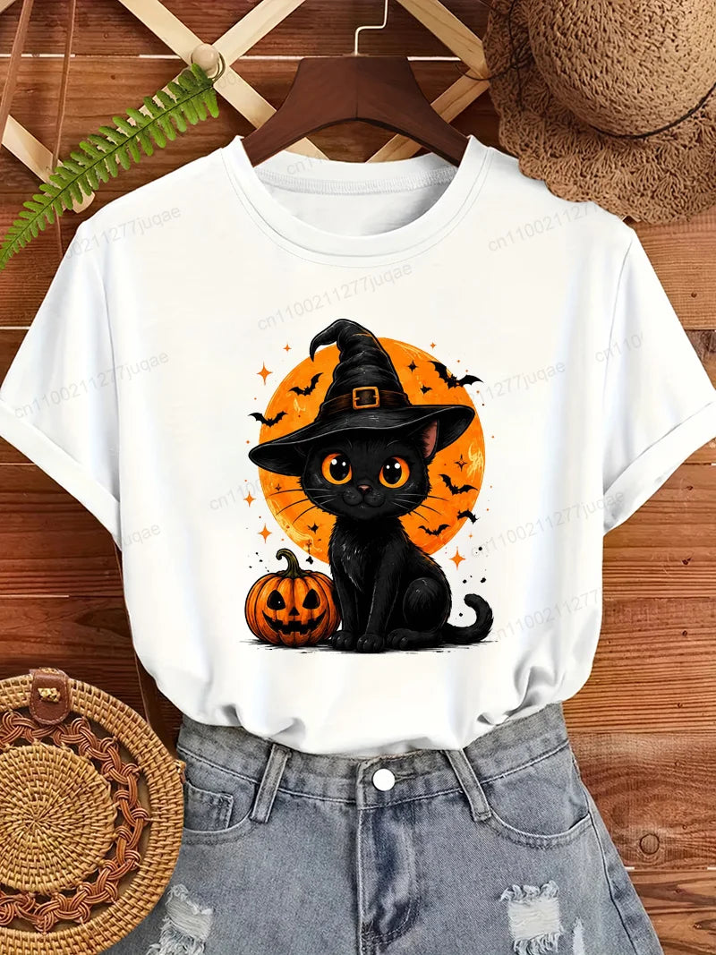 Women's Halloween Cat-Print T-Shirt