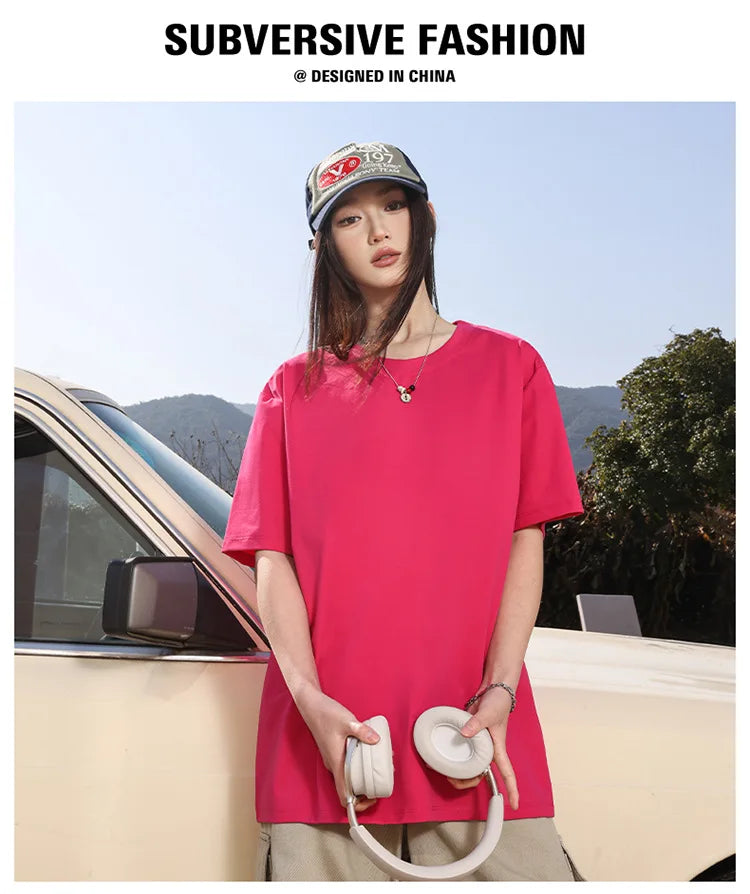 2026 New Unisex 200g Heavy Cotton T Shirt Full Shoulder Short Sleeve Loose Couple Summer Half Sleeve Basic Casual Streetwear Tee