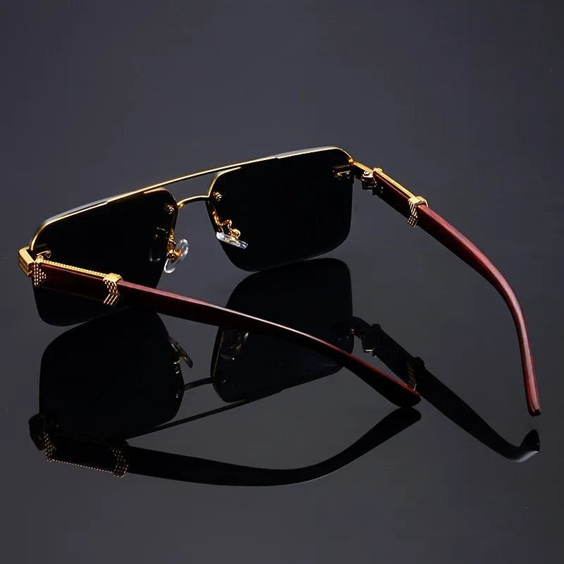 Trend Double Beam Rectangle Sunglasses Men Women Rimless Cut Edge Square Sun Glasses Fashion Frameless Wood Grain Eyewear UV400