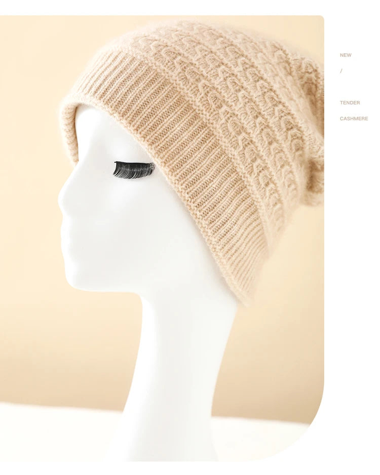 100% Pure Cashmere Beanie Hat Unisex Knitted Solid Color Simple Full-Coverage Winter Warm Tassel-LESS Knitwear