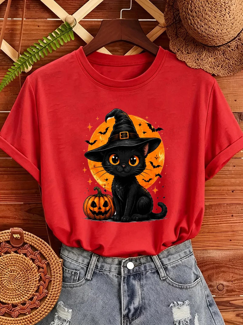 Women's Halloween Cat-Print T-Shirt