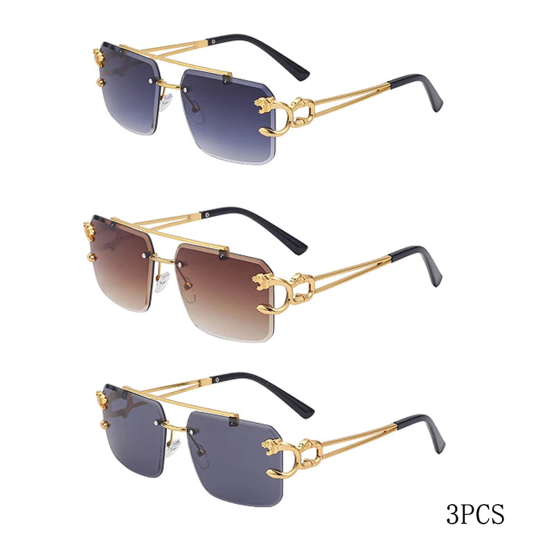 Fashion Metal Leopard Rimless Sunglasses Double Bridges Gradient Ocean Film Shades Glasses UV400 Eyewear