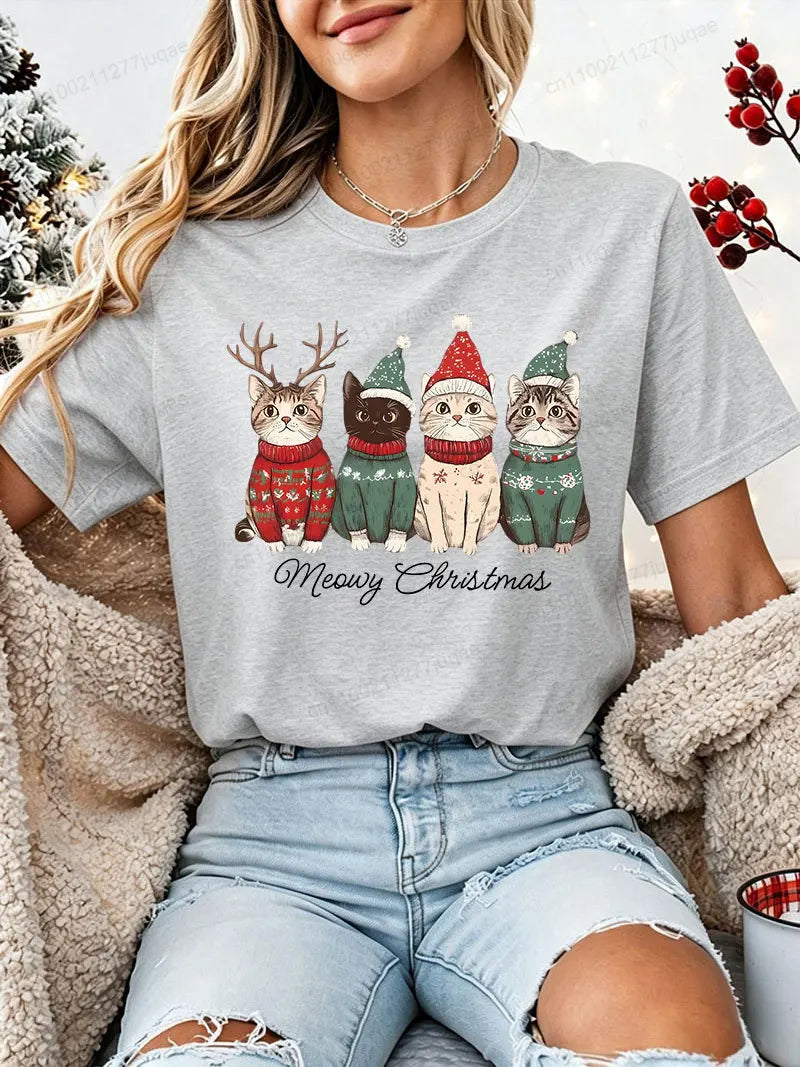 Women's Christmas Cat-Print T-Shirt