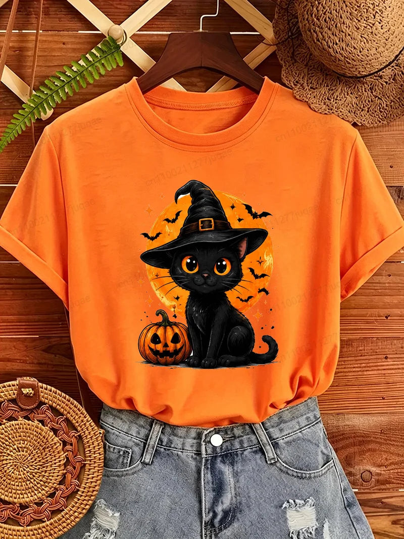 Women's Halloween Cat-Print T-Shirt