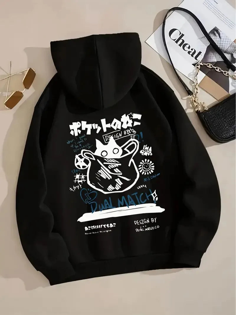 Japan Style Black Cat Hoodie Men Women Outdoor Street Casual Fashion Sport Cartoon Longsleeve Adult Autumn Winter Sweatshirt Top