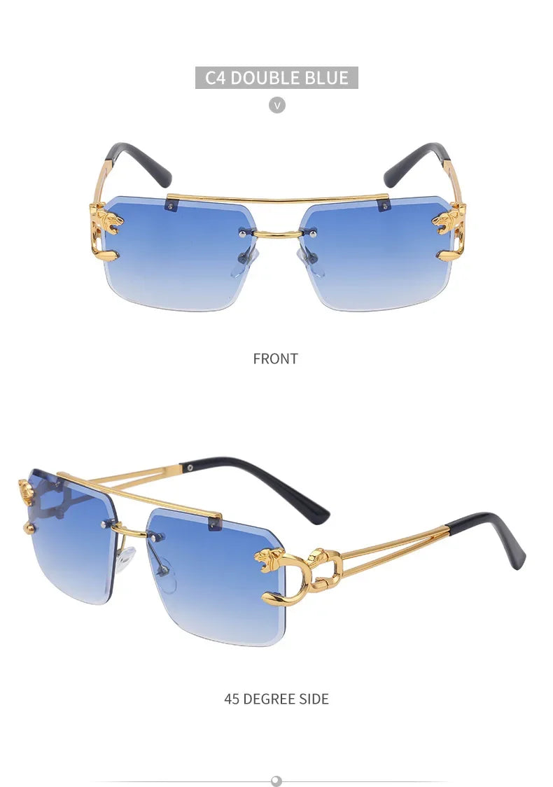 Fashion Metal Leopard Rimless Sunglasses Double Bridges Gradient Ocean Film Shades Glasses UV400 Eyewear