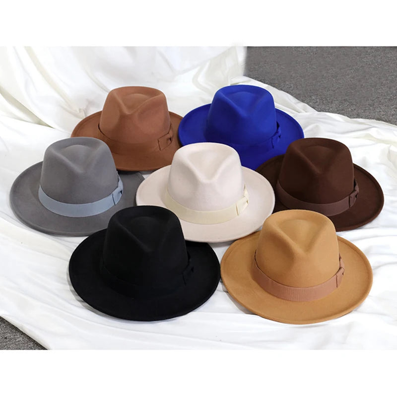 2022 New Fashion Men Fedoras Hat Women's Jazz Hat with Bow Tie Elegant Spring Black Woolen Blend Cap Outdoor Casual Felt Hat