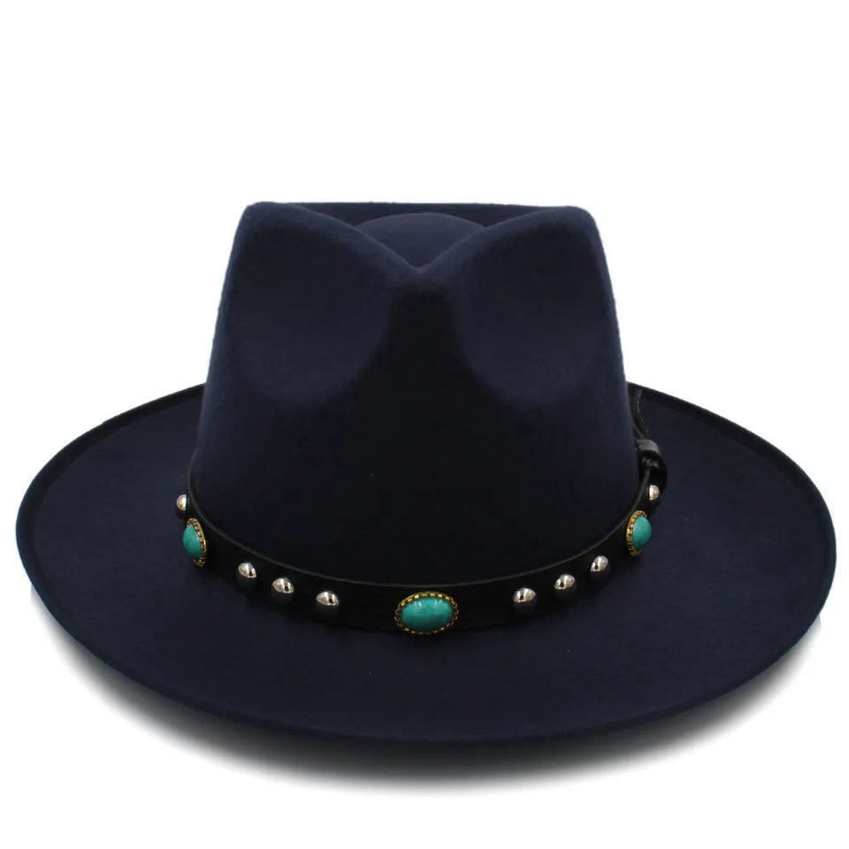 trilby hats for men solid fedora hat Curl Turquoise Studded Leather Band wide Brim Autumn Winter Panama classic hat wholesale