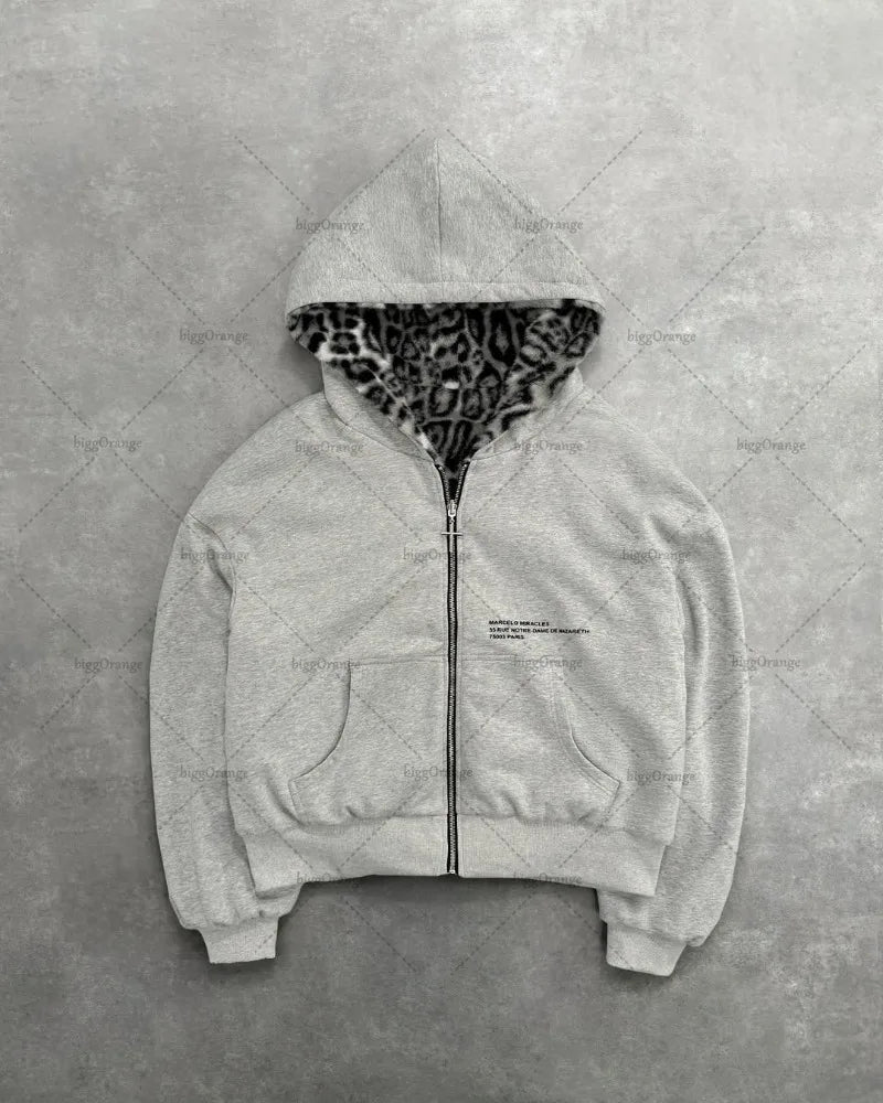 Leopard Print Two Sides Retro Fashion Wearing Loose Zipper Hoodie Men High Street Trend Punk Casual Oversized Sweatshirts Women