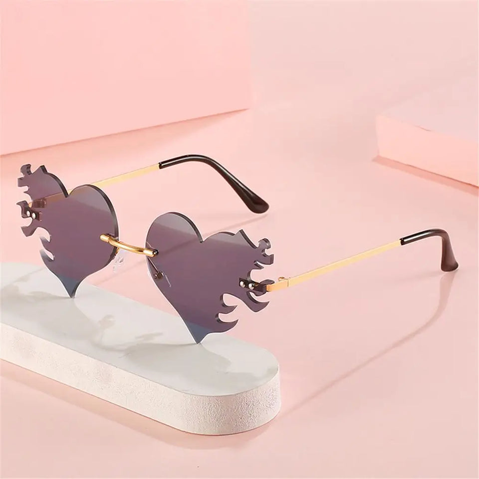 Fashion Rimless Sunglasses Heart Shape Flame Sunglasses Retro UV400 Streetwear Vintage Sun Glasses Cycling Outdoor Accessories