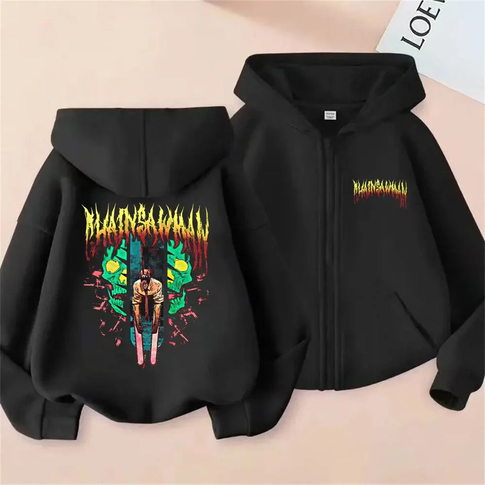 Anime chainsaw person washing retro zipper hoodie cartoon electric second Pochita funny picture men's and women's comic jacket