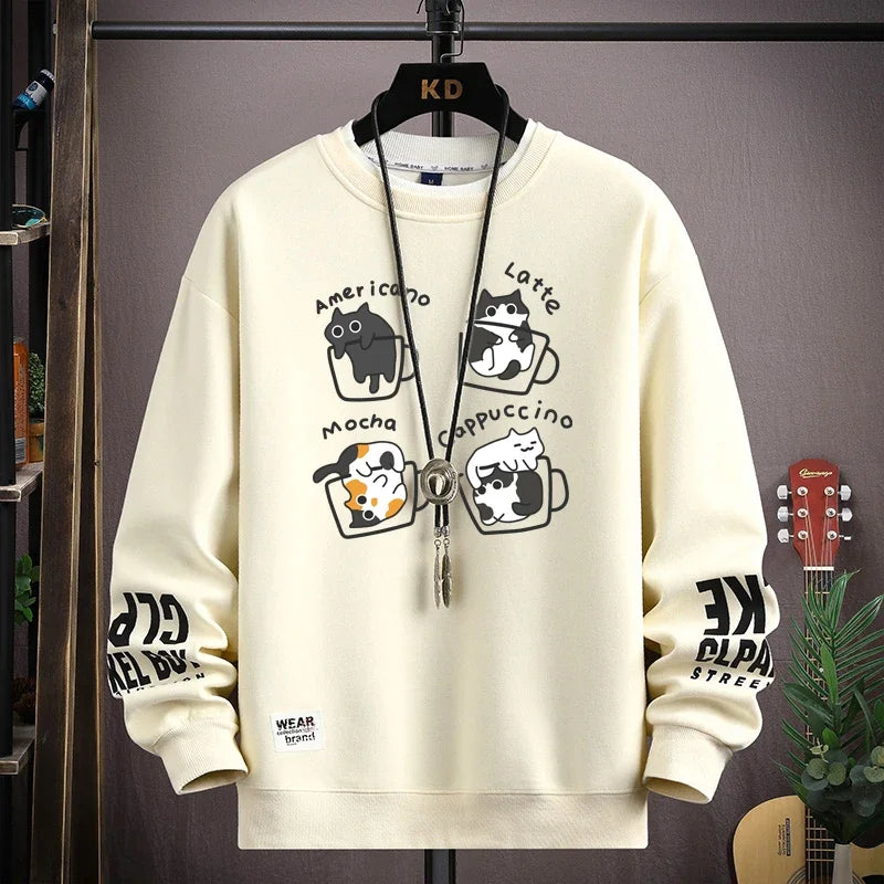 Spring men's hoodie, Japanese cartoon cat print long sleeved T-shirt, men's clothing, khaki O-neck Harajuku top, 2026 new item