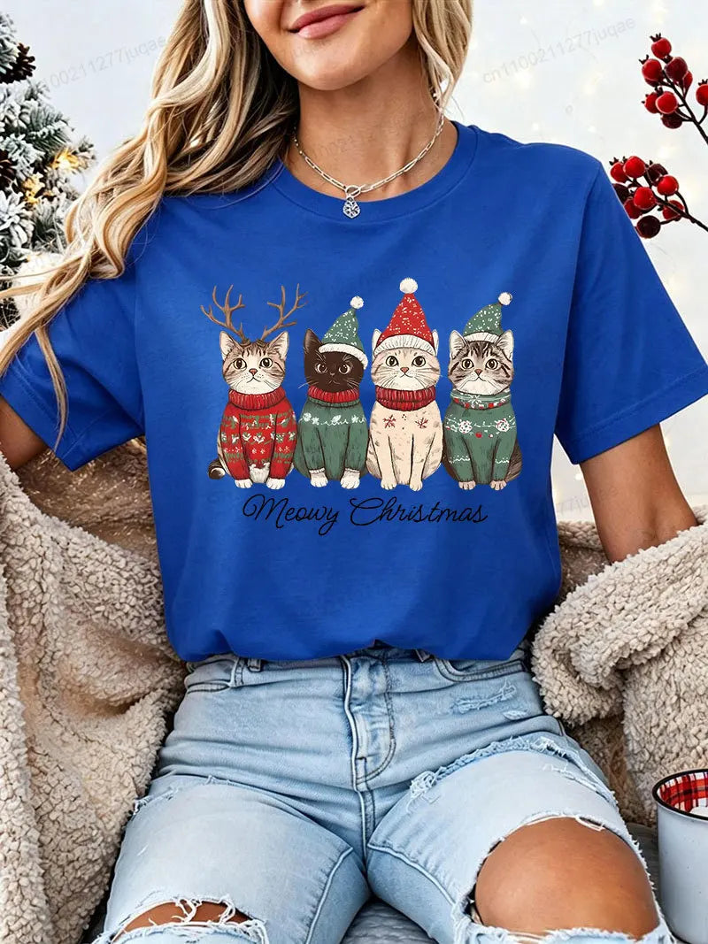 Women's Christmas Cat-Print T-Shirt