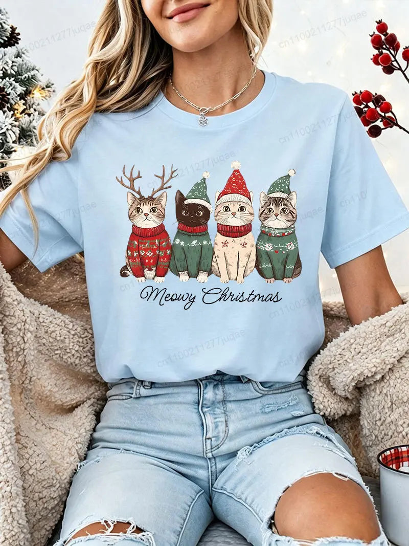 Women's Christmas Cat-Print T-Shirt