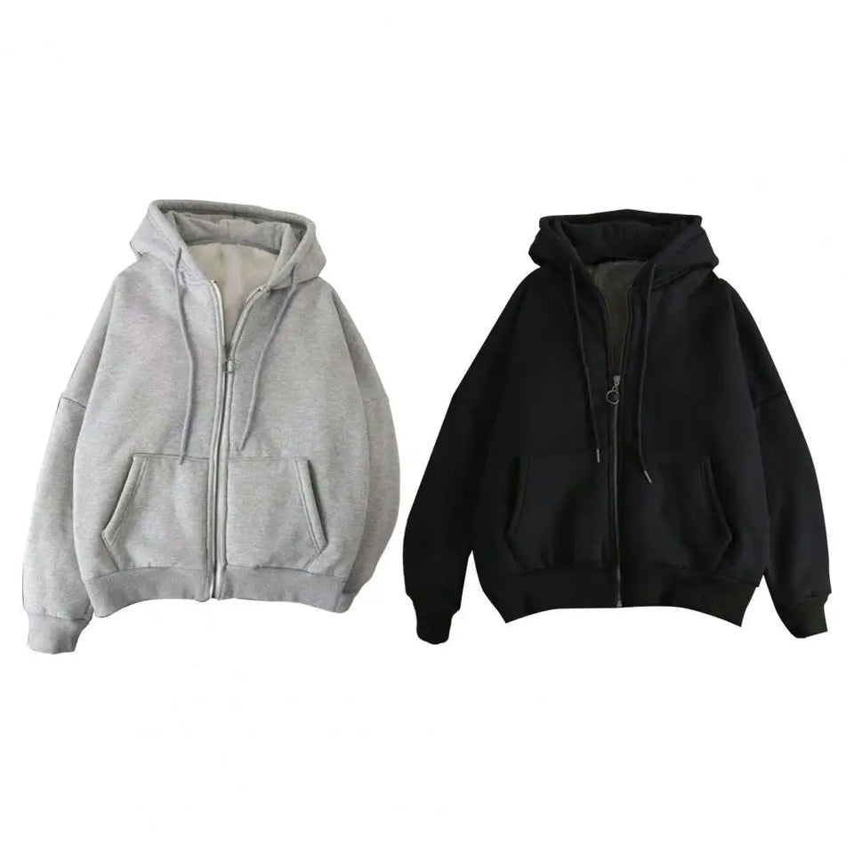 Fall Winter Men Coat Zip-up Long Sleeves Elastic Cuff Thick Plus Size Drawstring Plush Solid Color Loose Pockets Sport Hoodie