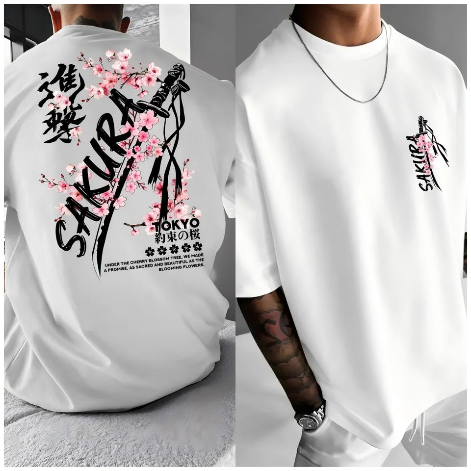 Fashionable men's summer personalized letter cherry blossom print soft and breathable round neck T-shirt outdoor festival street