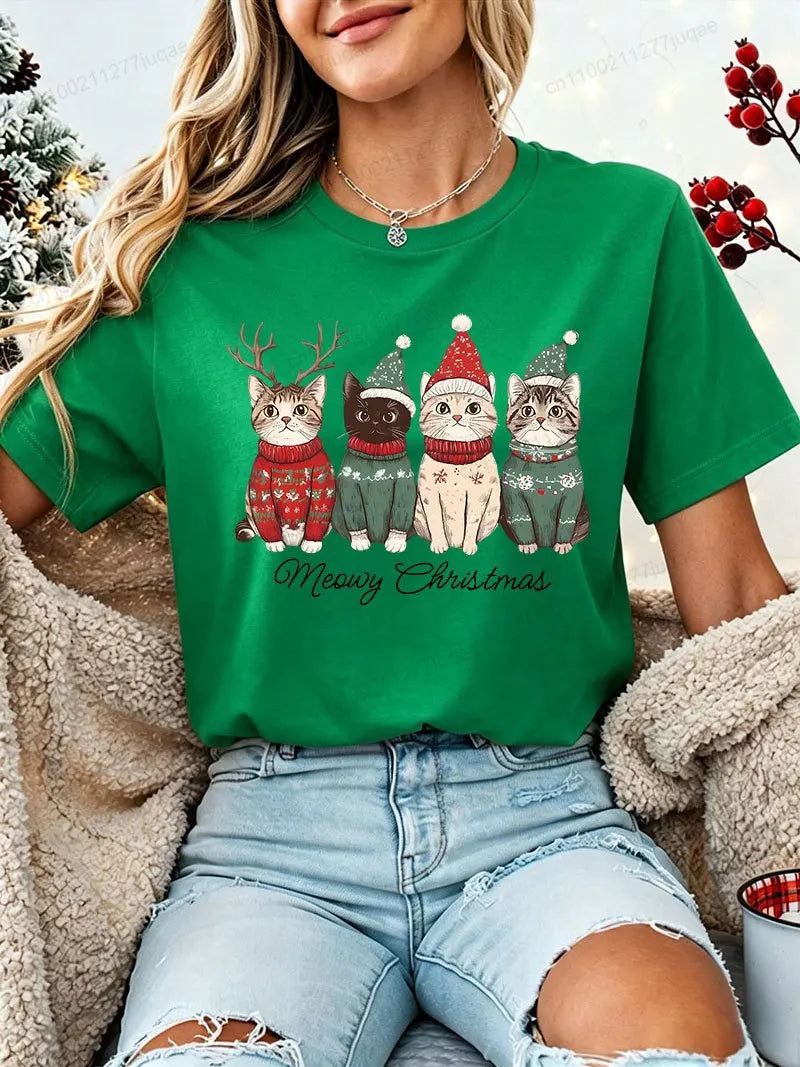 Women's Christmas Cat-Print T-Shirt