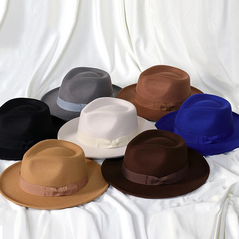 2022 New Fashion Men Fedoras Hat Women's Jazz Hat with Bow Tie Elegant Spring Black Woolen Blend Cap Outdoor Casual Felt Hat