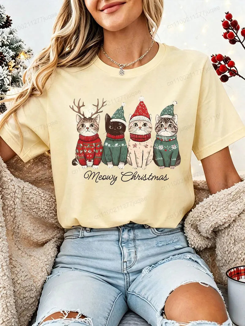 Women's Christmas Cat-Print T-Shirt