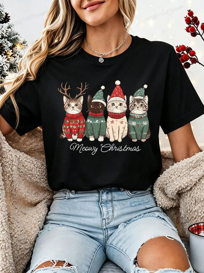 Women's Christmas Cat-Print T-Shirt