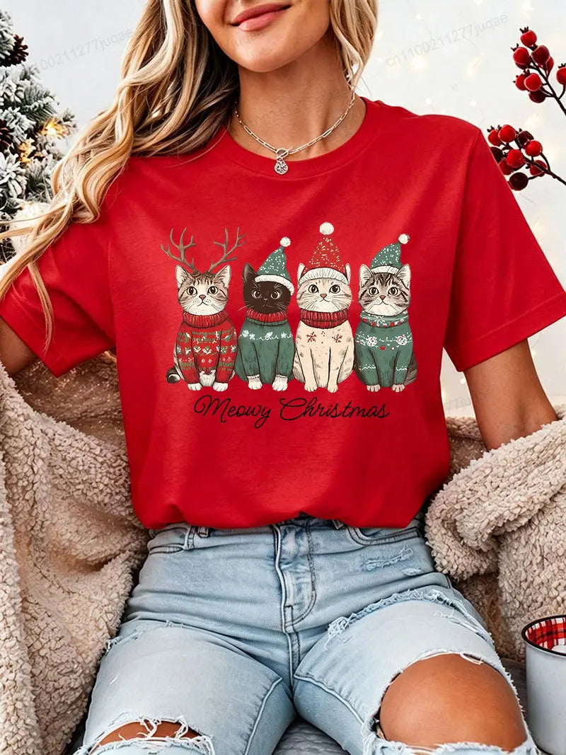 Women's Christmas Cat-Print T-Shirt