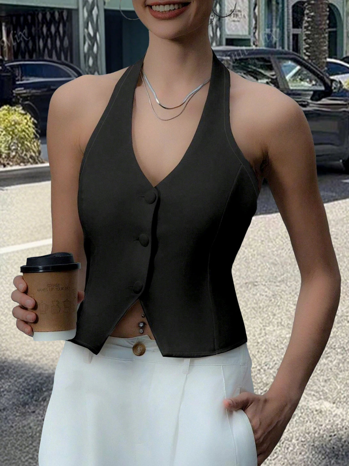 Women's Button-Front Halter Vest Top